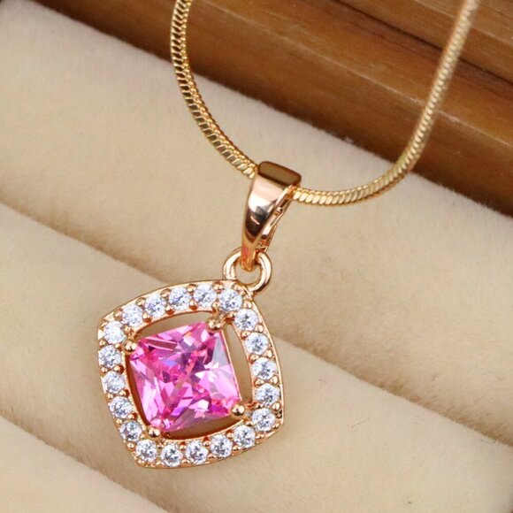 "Pink Princess-Cut Pendant in Gold Plated Brass with Sparkling Halo, XPPT1789 - Picture 1 of 13